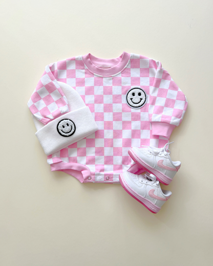 Bubble Romper | Checkered Smiley Pink