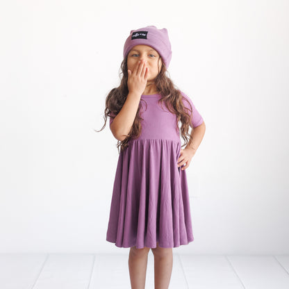 MID SLEEVE TWIRL DRESS- Plum Ribbed