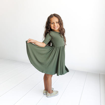 MID SLEEVE TWIRL DRESS- Moss Ribbed