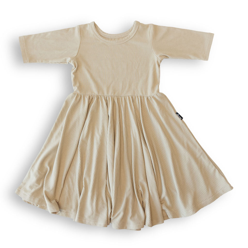 MID SLEEVE TWIRL DRESS- Mushroom Ribbed