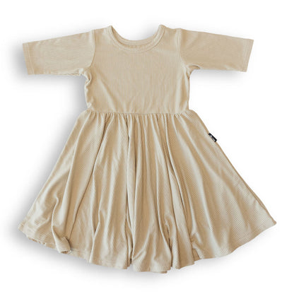 MID SLEEVE TWIRL DRESS- Mushroom Ribbed