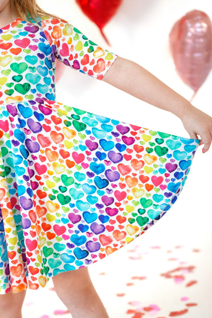 MID SLEEVE TWIRL DRESS- Rainbow Hearts