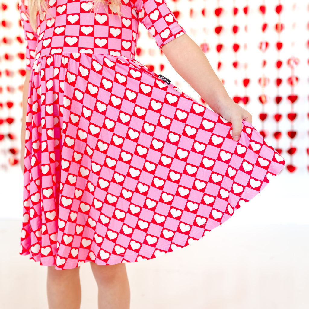 MID SLEEVE TWIRL DRESS- Red Hearts