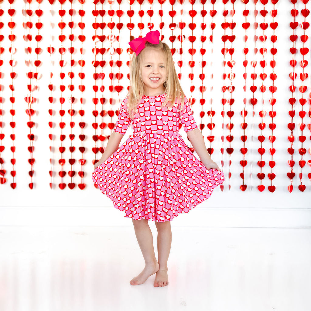 MID SLEEVE TWIRL DRESS- Red Hearts