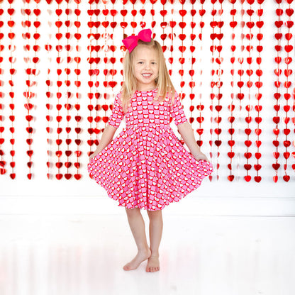 MID SLEEVE TWIRL DRESS- Red Hearts