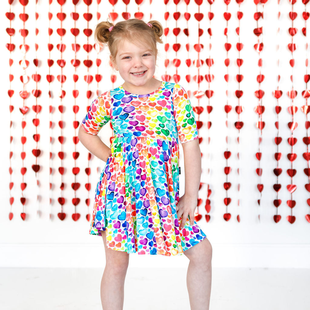 MID SLEEVE TWIRL DRESS- Rainbow Hearts