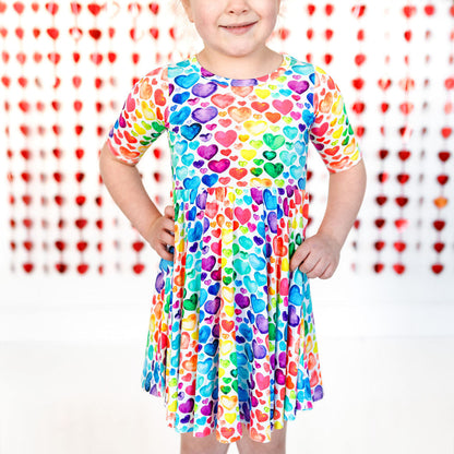 MID SLEEVE TWIRL DRESS- Rainbow Hearts