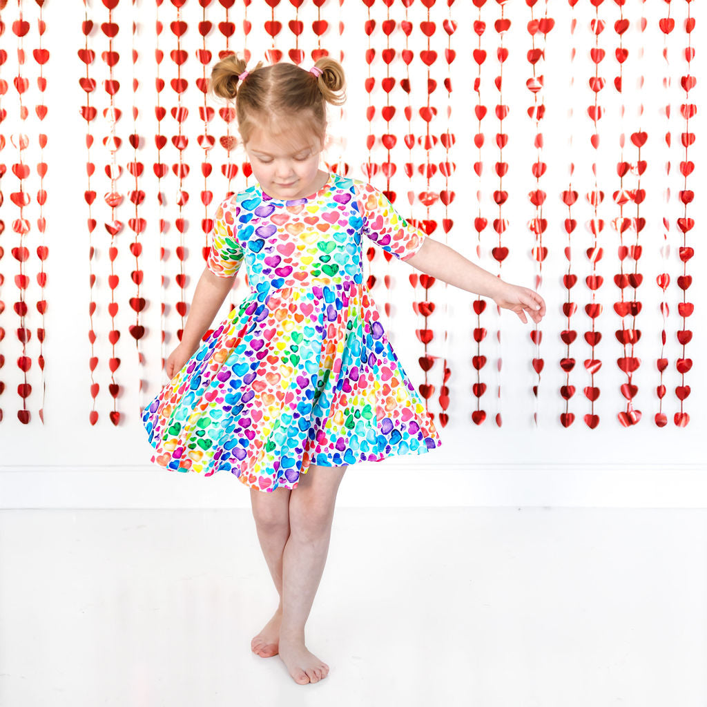 MID SLEEVE TWIRL DRESS- Rainbow Hearts