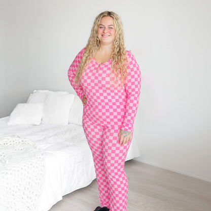 WOMEN'S PAJAMA SET- Pink Check Ribbed