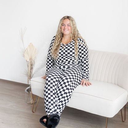 WOMEN'S PAJAMA SET- B+W Check Ribbed