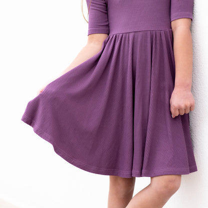 MID SLEEVE TWIRL DRESS- Plum Ribbed