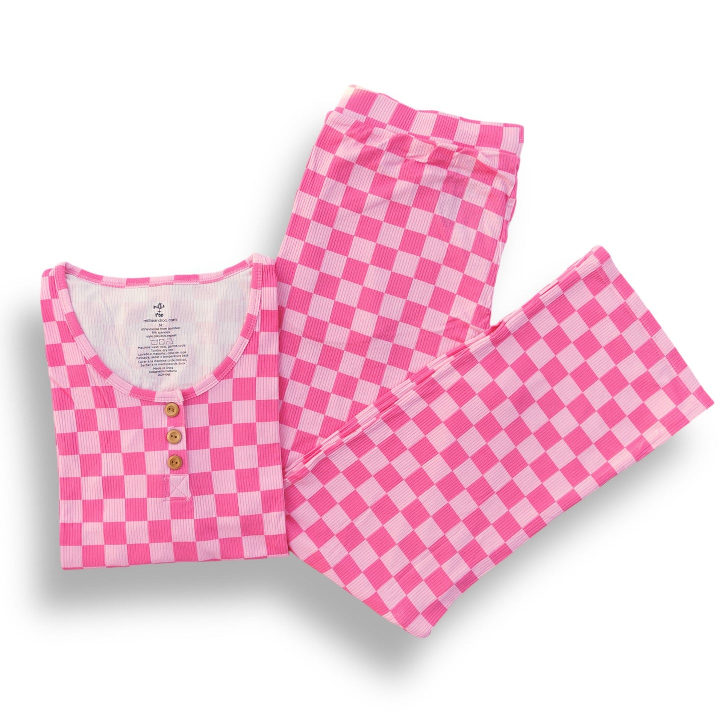 WOMEN'S PAJAMA SET- Pink Check Ribbed