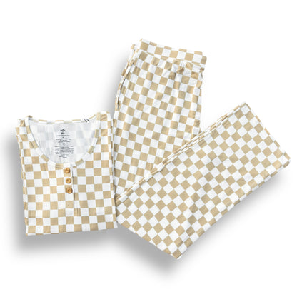 WOMEN'S PAJAMA SET- Tan Check Ribbed