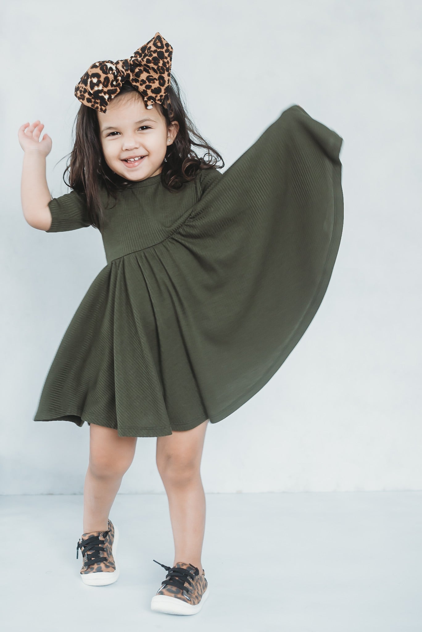 MID SLEEVE TWIRL DRESS- Moss Ribbed